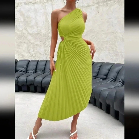 Spring Break One Shoulder Cut Out Waist Pleated Asymmetrical Hem Pro - Picture 1 of 6